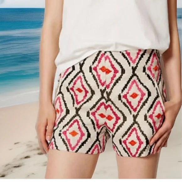 Linen Embroidered Riviera Shorts 12 IKAT Lips 👄 All Over Print - Picture 12 of 12